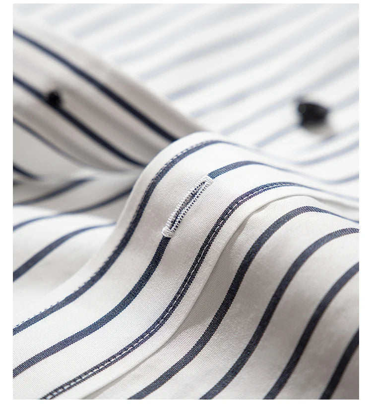 White Button Neck Striped All Cotton Long Sleeved Shirt Fashion Business Casual Contrast Color Contrast Men's Shirt