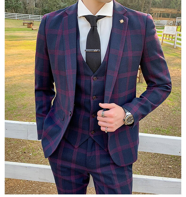 Men's Suit Groom's Wedding Dress Men's Business Korean Version Slim Fitting Plaid Casual Suit Three Piece Suit
