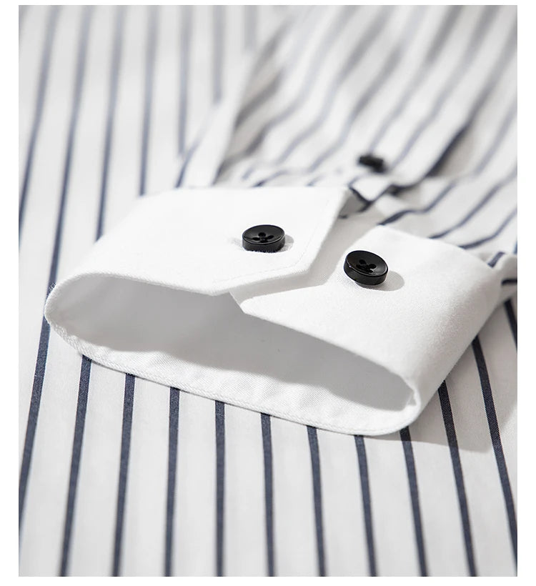 White Button Neck Striped All Cotton Long Sleeved Shirt Fashion Business Casual Contrast Color Contrast Men's Shirt