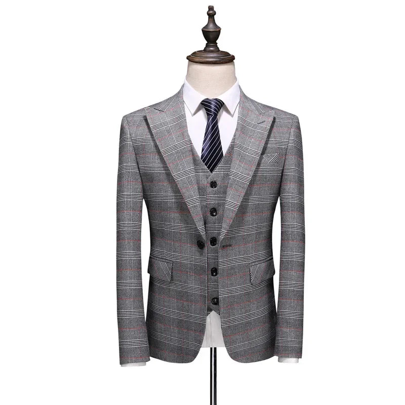 Slim Fit Plaid Stripe Elegant Gentleman Business Set Wedding Men's Set 3 Pieces