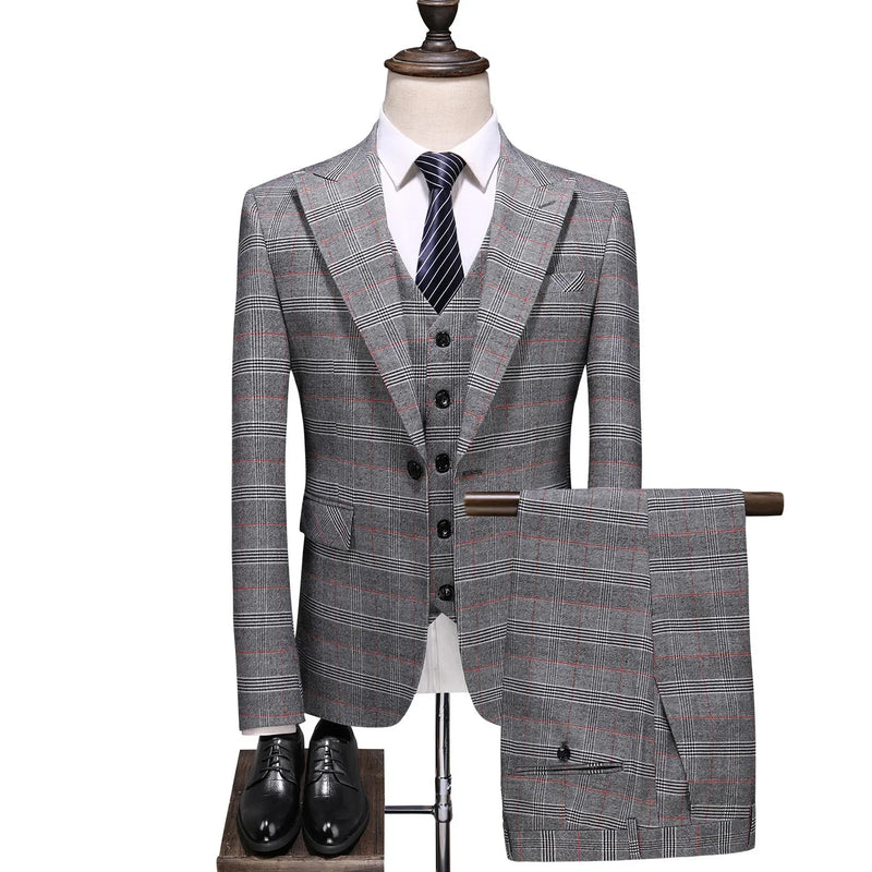 Slim Fit Plaid Stripe Elegant Gentleman Business Set Wedding Men's Set 3 Pieces