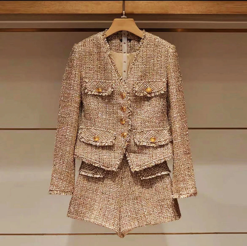 Small Fragrance Suit Temperament Tweed Short Coat High Waist Skirt Women's Dress