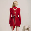 Small Red Suit Dress New Year Women's Dress Temperament Sexy Open Back Lace Up Waist Wrapped Suit Dress
