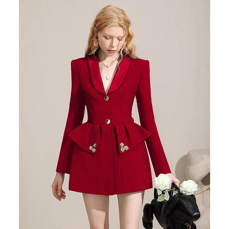 Small Red Suit Dress New Year Women's Dress Temperament Sexy Open Back Lace Up Waist Wrapped Suit Dress