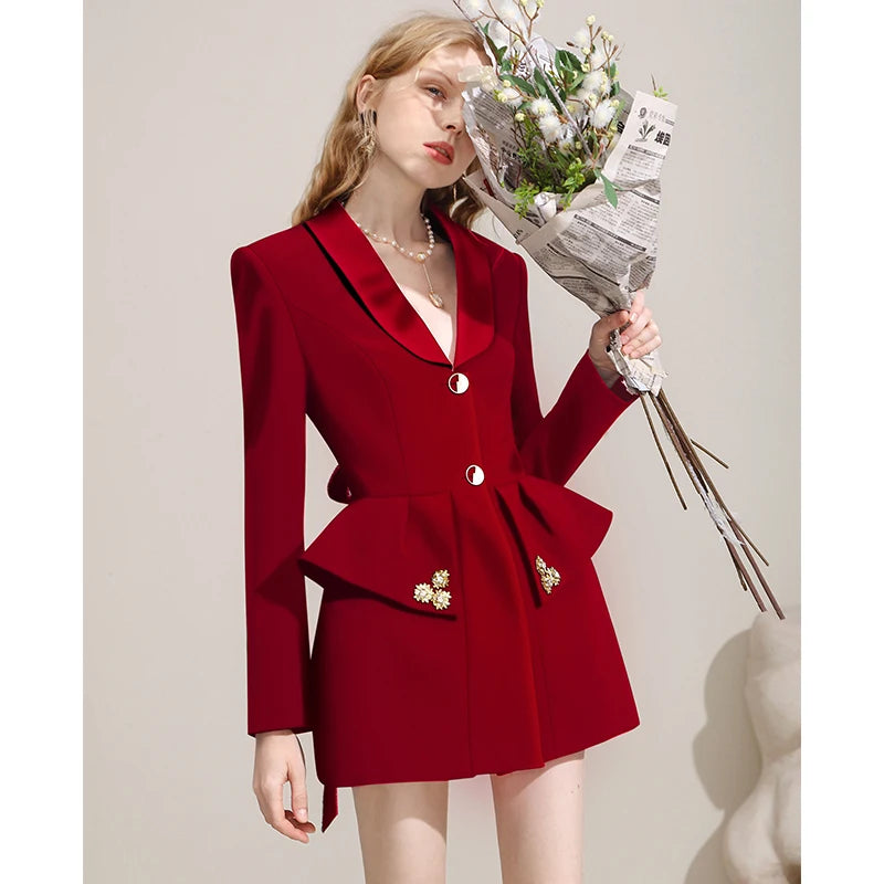 Small Red Suit Dress New Year Women's Dress Temperament Sexy Open Back Lace Up Waist Wrapped Suit Dress