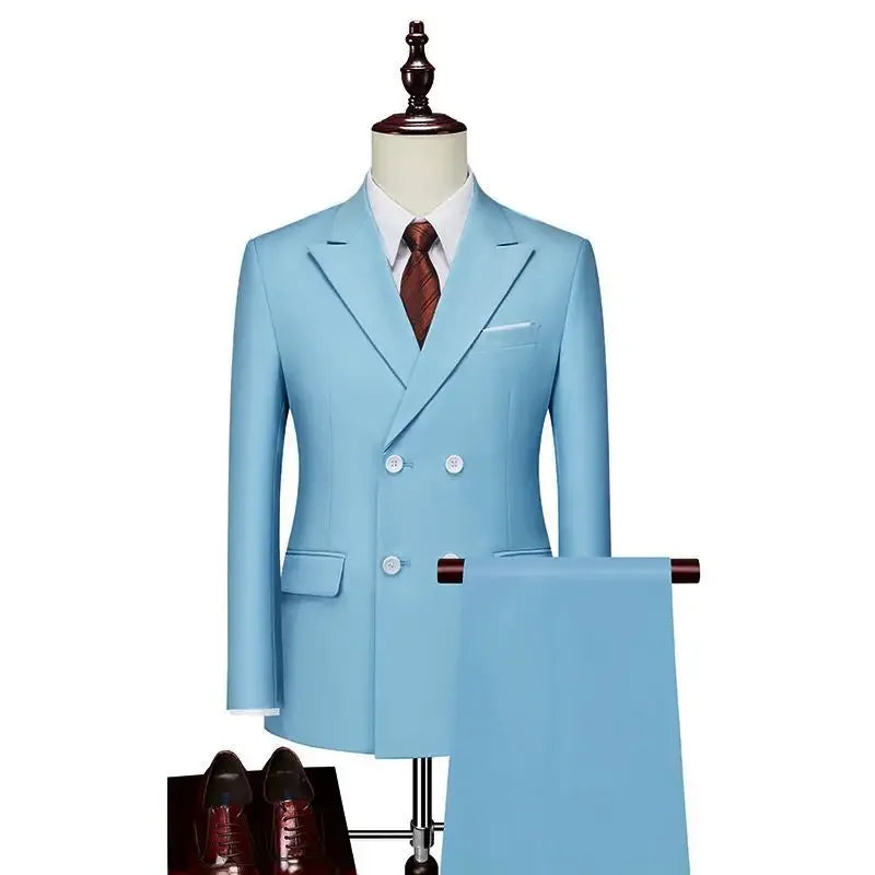 Solid Elegant Long Sleeve Slim Fit Double Breasted Two Piece Business Set