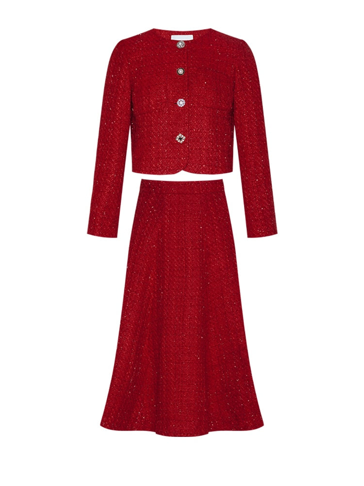 Spring and Autumn New Red Ladies Temperament Short Round Neck Long Sleeves Slim Fit and Thin Tweed Coat Women Fashion All-match