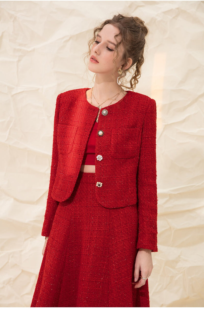 Spring and Autumn New Red Ladies Temperament Short Round Neck Long Sleeves Slim Fit and Thin Tweed Coat Women Fashion All-match