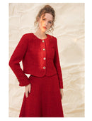 Spring and Autumn New Red Ladies Temperament Short Round Neck Long Sleeves Slim Fit and Thin Tweed Coat Women Fashion All-match