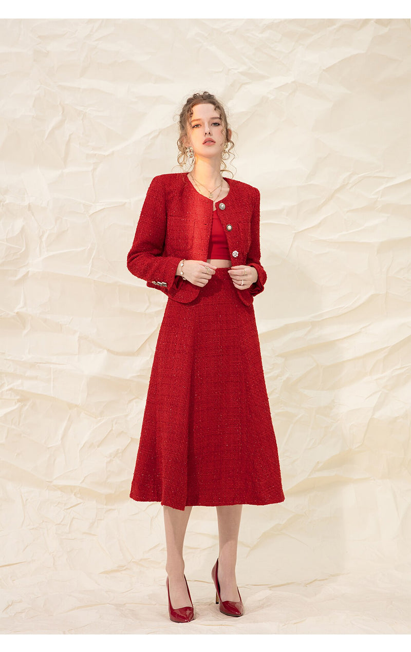 Spring and Autumn New Red Ladies Temperament Short Round Neck Long Sleeves Slim Fit and Thin Tweed Coat Women Fashion All-match