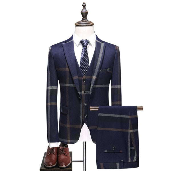 Suit Men's Casual Three Piece Suit Korean Version Slim Fit Large Plaid Bridegroom's Dress Suit