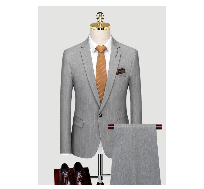 Suit Men's Three Piece Suit Korean Version Slim Fit Handsome Stripe Small Suit Groom's Wedding Dress Men's