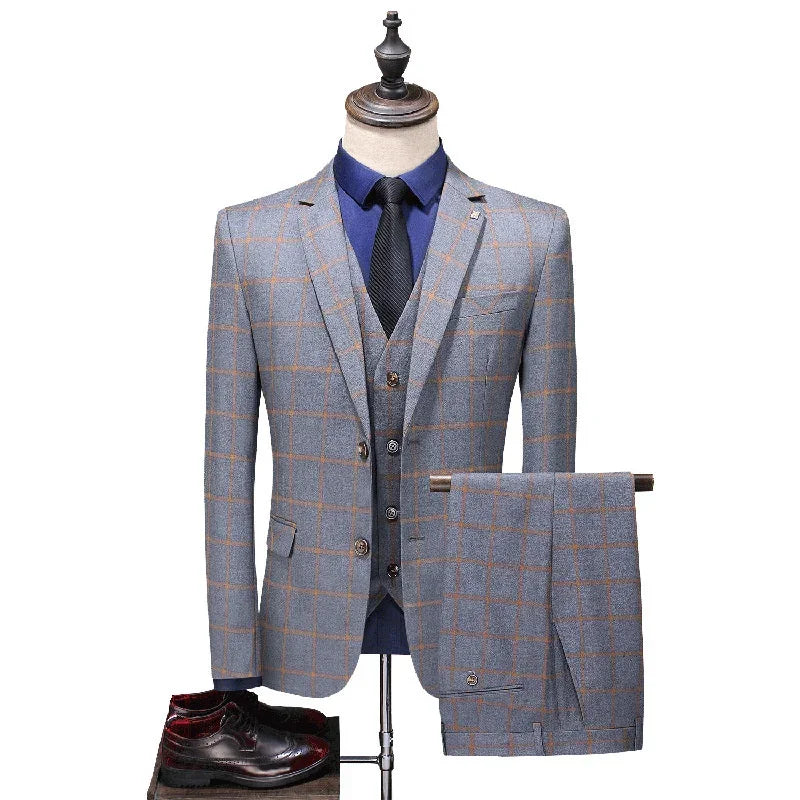 Tailor Make Slim Fit Suit Plaid British Business Men's 3 Piece Wedding Brides Man Formal Suit