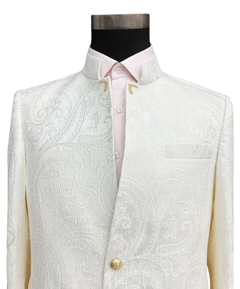 Tailor Shop Custom Single Breasted Printed Off White Gentleman Groom Wedding Suit