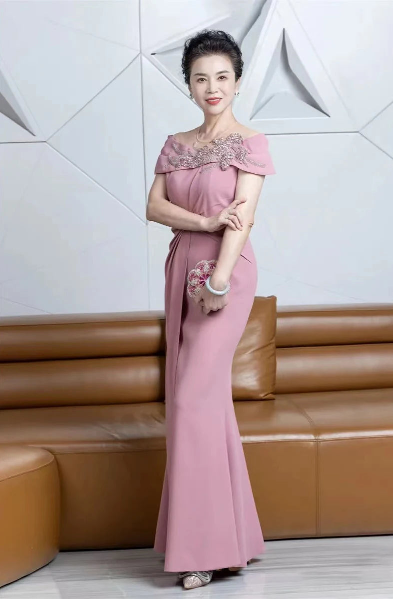 Tailor Shop Customized Elegant Intellectual Pink Temperament Off Shoulder Bride Mom Wedding Dress