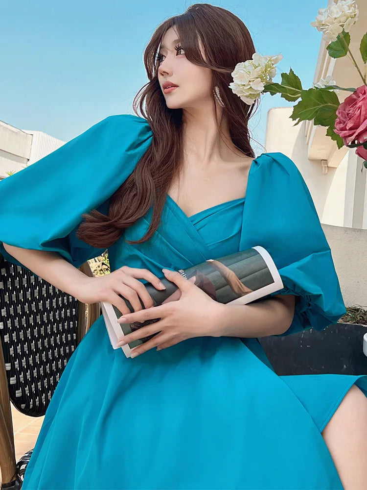 Tailor Shop Customized New Women's French Palace Style Peach Heart Neck Bubble Sleeve Wrap Dress