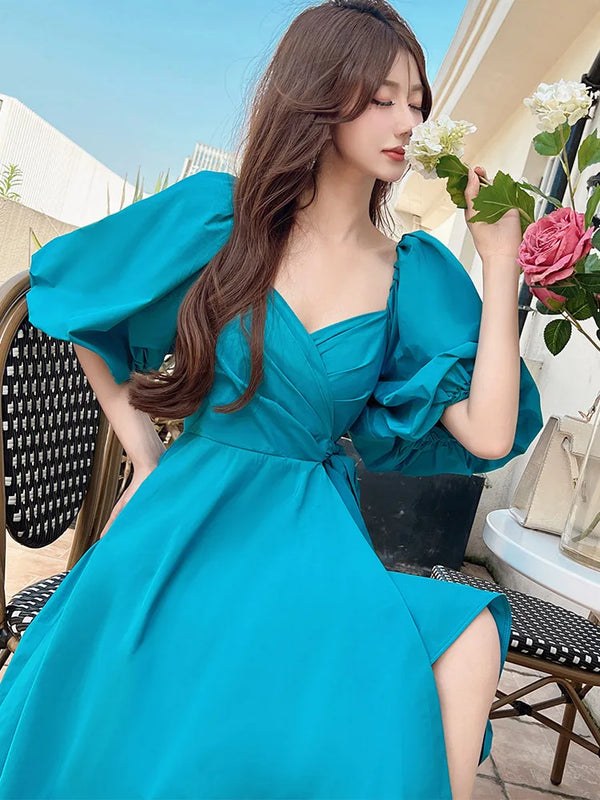 Tailor Shop Customized New Women's French Palace Style Peach Heart Neck Bubble Sleeve Wrap Dress