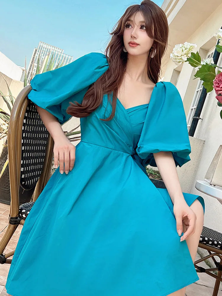 Tailor Shop Customized New Women's French Palace Style Peach Heart Neck Bubble Sleeve Wrap Dress