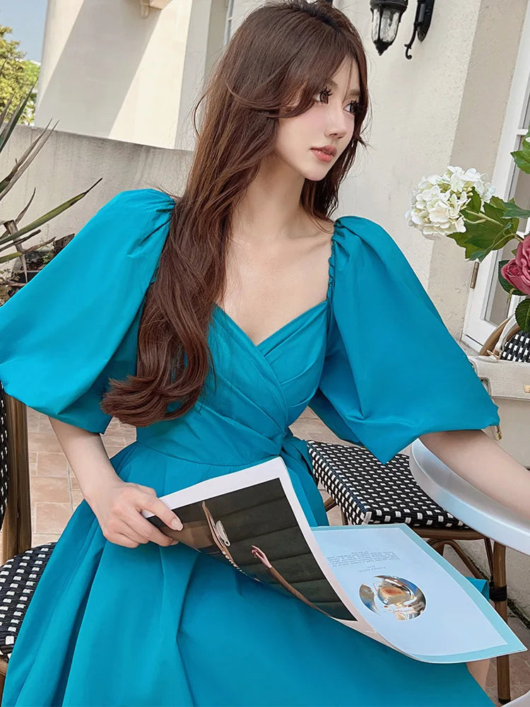 Tailor Shop Customized New Women's French Palace Style Peach Heart Neck Bubble Sleeve Wrap Dress