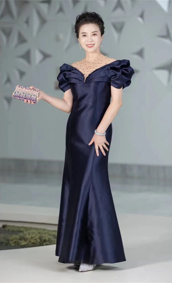 Tailor Shop Customized Off Shoulder Fishtail Dress Swing Short Sleeve Mother-in-law Dress Bride Mother Wedding Dress