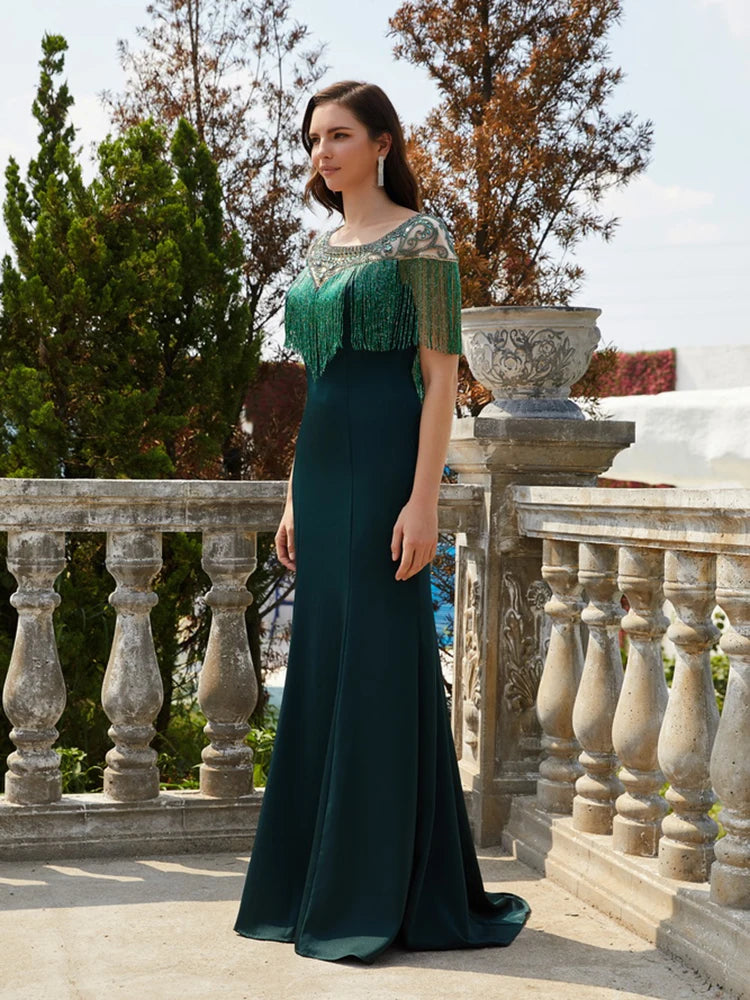 Tailor Shop Mother of Bride Dresses Emerald Green Beads Tassel Elegant Occasion Wear Black Formal Bling Evening Gowns