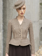 Tailor Shop Retro Slim and Thin Classic Dark Brown Houndstooth Winter Tweed Light Luxury Top and Pleat Skirt Semi-Formal Outfit