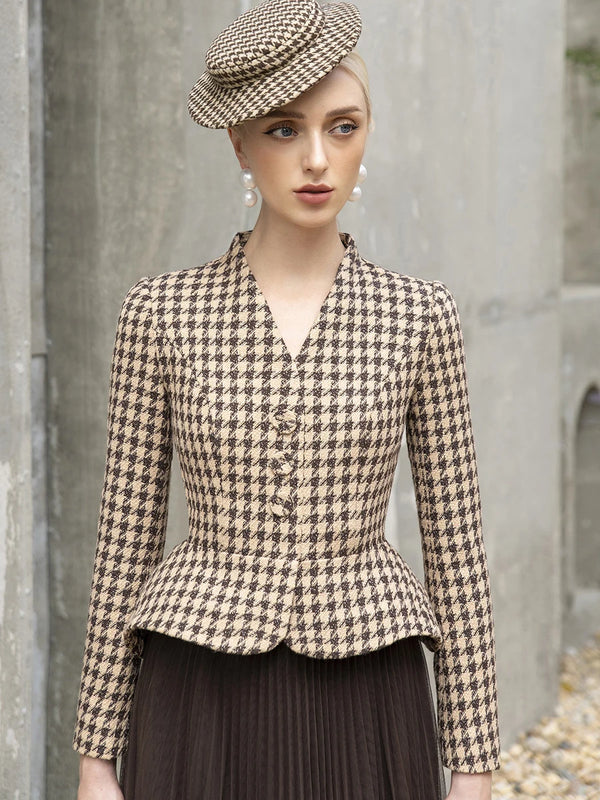 Tailor Shop Retro Slim and Thin Classic Dark Brown Houndstooth Winter Tweed Light Luxury Top and Pleat Skirt Semi-Formal Outfit