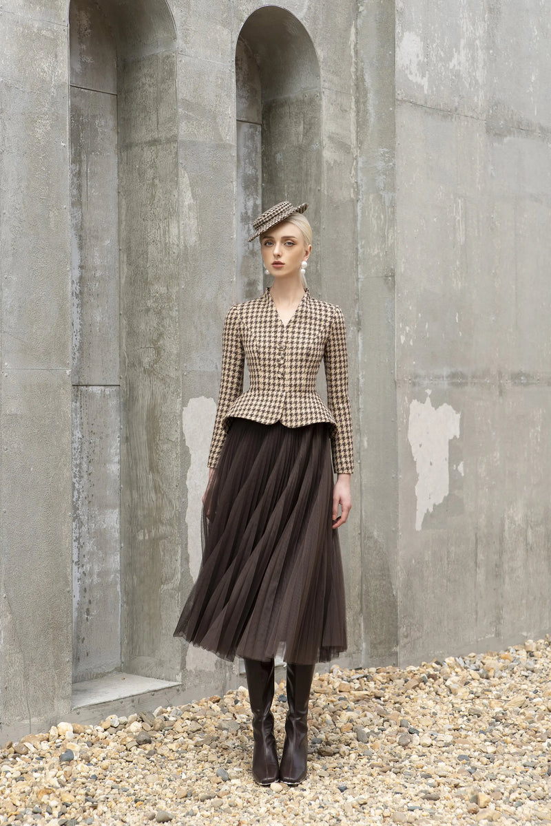 Tailor Shop Retro Slim and Thin Classic Dark Brown Houndstooth Winter Tweed Light Luxury Top and Pleat Skirt Semi-Formal Outfit