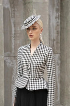 Tailor Shop Retro Slim and Thin Classic Dark Brown Houndstooth Winter Tweed Light Luxury Top and Pleat Skirt Semi-Formal Outfit