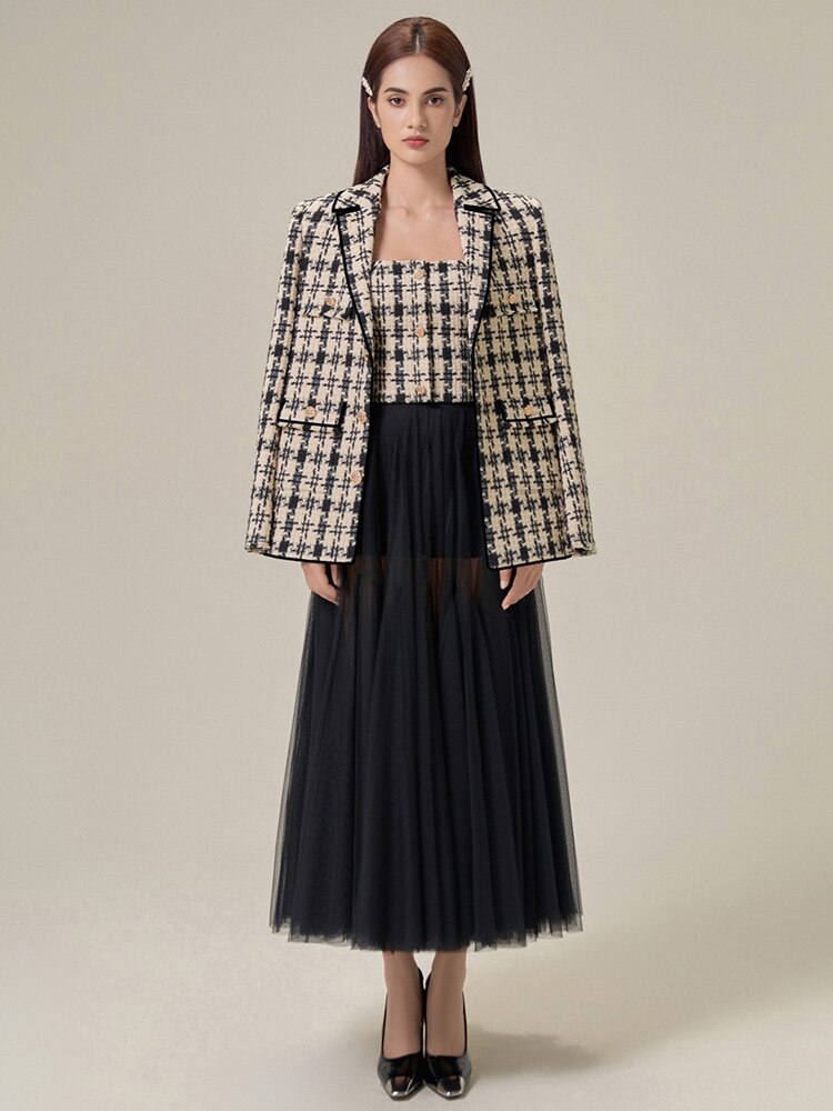 Tailor Shop Slim and  Classic Black and White Houndtooth Winter Tweed Light Luxury Top and Pleat Mesh Skirt Semi-Formal Outfit