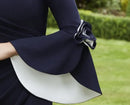 Tailor Shop Mother of Bride Navy Formal Gown Blue White Crepe Off Shoulder Evening Gown Bell Sleeve Plus Size Ruched Dress
