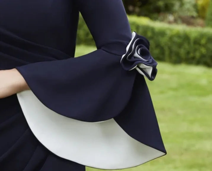 Tailor Shop Mother of Bride Navy Formal Gown Blue White Crepe Off Shoulder Evening Gown Bell Sleeve Plus Size Ruched Dress