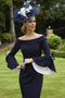 Tailor Shop Mother of Bride Navy Formal Gown Blue White Crepe Off Shoulder Evening Gown Bell Sleeve Plus Size Ruched Dress