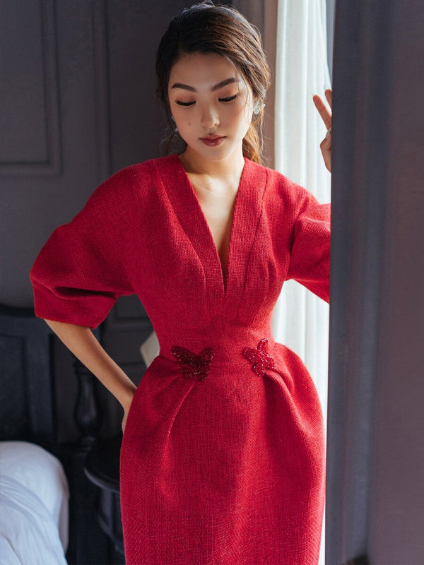 Tailor Shop Spring Red Tweed Dress Female Light Semi-Formal Dresses Raglan Sleeves Designer Dress Autumn Dress