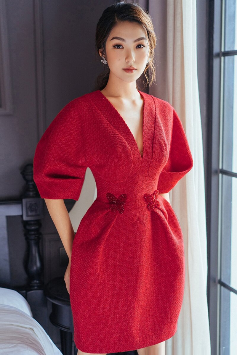 Tailor Shop Spring Red Tweed Dress Female Light Semi-Formal Dresses Raglan Sleeves Designer Dress Autumn Dress