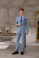 Tailor-made High Quality 150's Wool and Cashmere Fabric Sky Blue Windowpane Check Suit Men Breast Wedding Suit