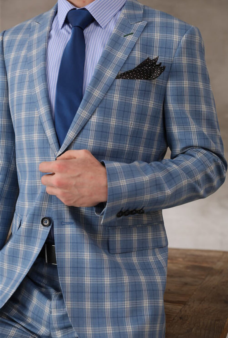Tailor-made High Quality 150's Wool and Cashmere Fabric Sky Blue Windowpane Check Suit Men Breast Wedding Suit