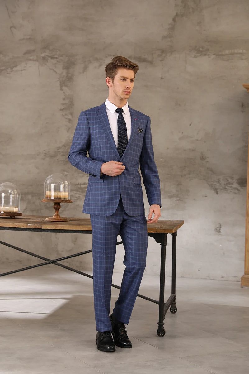 Tailor-made High-quality Wool and Cashmere Business Office Blue Single-breasted Plaid Suit