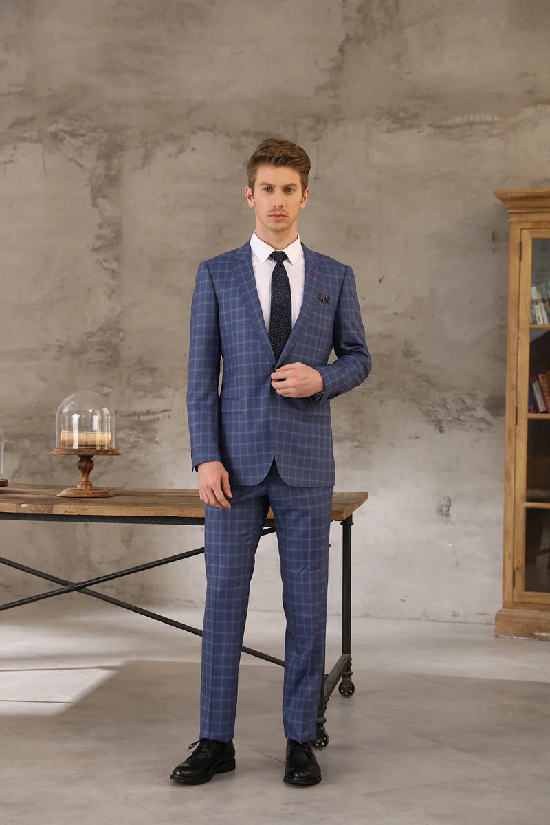 Tailor-made High-quality Wool and Cashmere Business Office Blue Single-breasted Plaid Suit