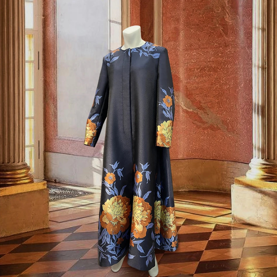 Tailored Round Necked Navy Blue Luxurious Long Fitting Banquet Brocade Bride Mother Plus Size Dress for Tailoring Shop