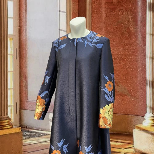 Tailored Round Necked Navy Blue Luxurious Long Fitting Banquet Brocade Bride Mother Plus Size Dress for Tailoring Shop