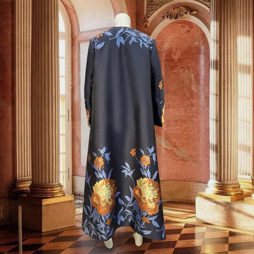 Tailored Round Necked Navy Blue Luxurious Long Fitting Banquet Brocade Bride Mother Plus Size Dress for Tailoring Shop