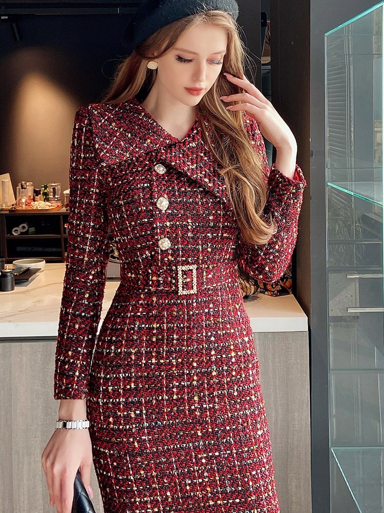 Vintage Elegant Tweed Asymmetric Large Lapel Show Thin Dress Women's High Sense Skirt