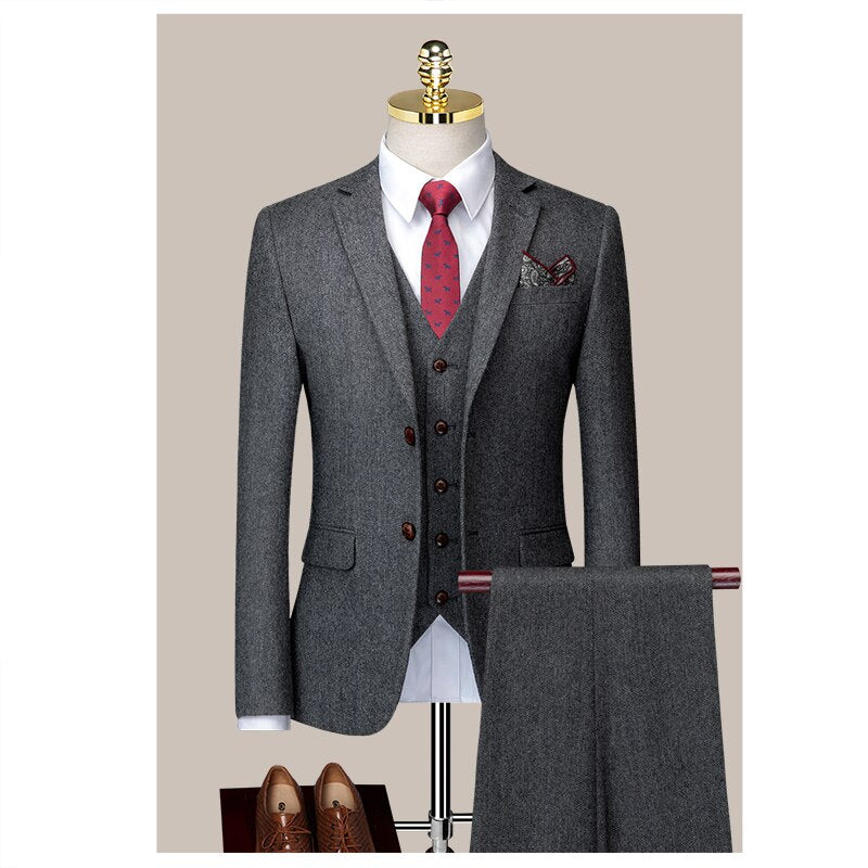 Western Style Three Piece Bridegroom Wedding Dress Korean Version Slim Fitting Autumn and Winter Grey Casual Suit Men's Suit