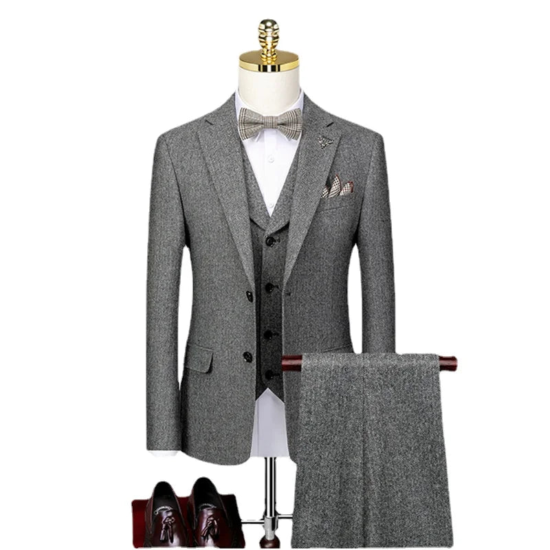 Western Style Three Piece Bridegroom Wedding Dress Korean Version Slim Fitting Autumn and Winter Grey Casual Suit Men's Suit