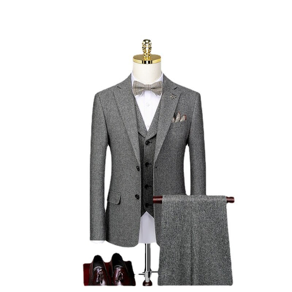 Western Three Piece Bridegroom Wedding Dress Korean Version Slim Fitting Autumn and Winter Gray Casual Suit Men's Suit