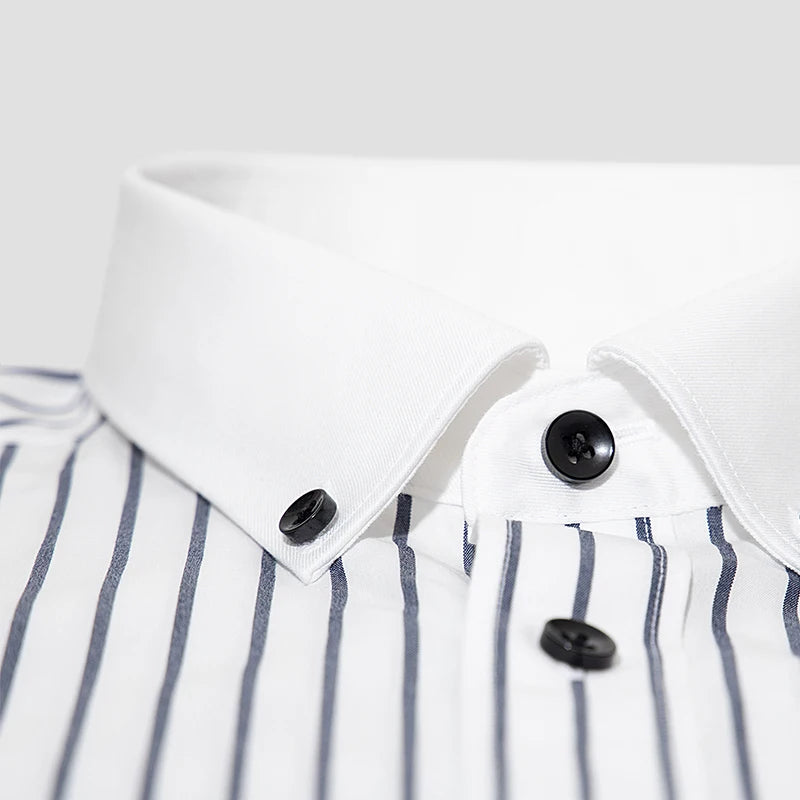 White Button Neck Striped All Cotton Long Sleeved Shirt Fashion Business Casual Contrast Color Contrast Men's Shirt