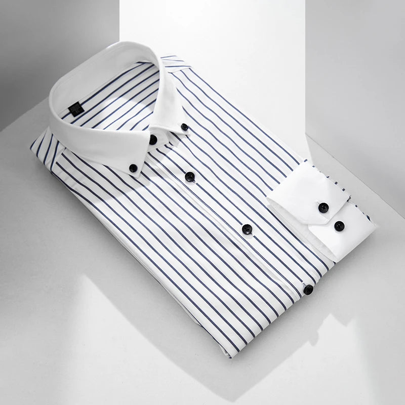 White Button Neck Striped All Cotton Long Sleeved Shirt Fashion Business Casual Contrast Color Contrast Men's Shirt