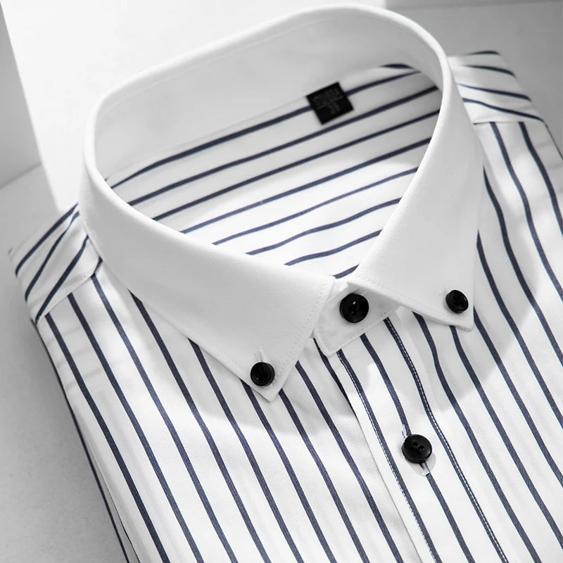White Button Neck Striped All Cotton Long Sleeved Shirt Fashion Business Casual Contrast Color Contrast Men's Shirt