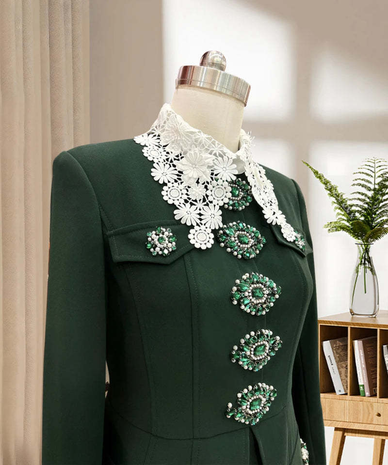 Winter Fashion Elegant Green Heavy Industry Women's Beaded Fake Two Piece Dress